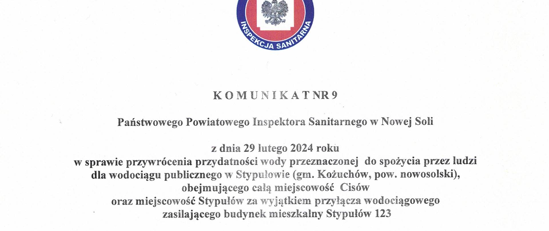 Komunikat nr 9 przywrócenie przydatności Stypułów