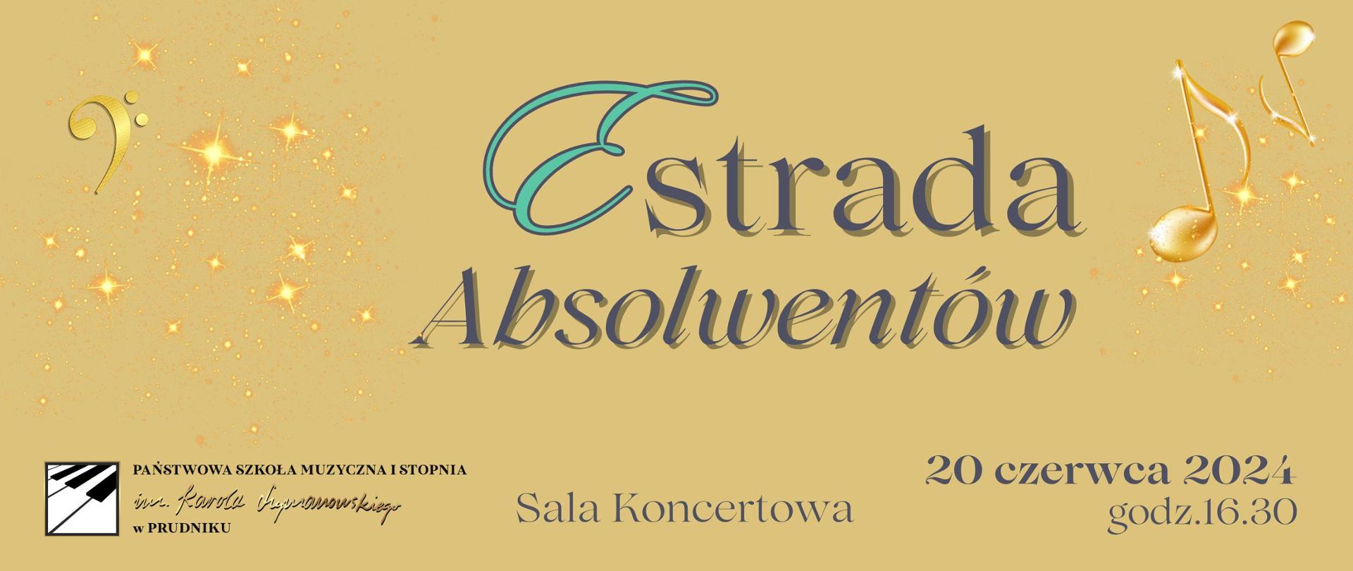 Baner z informacja o koncercie absolwentów. W tle złote nutki i gwiazdy.