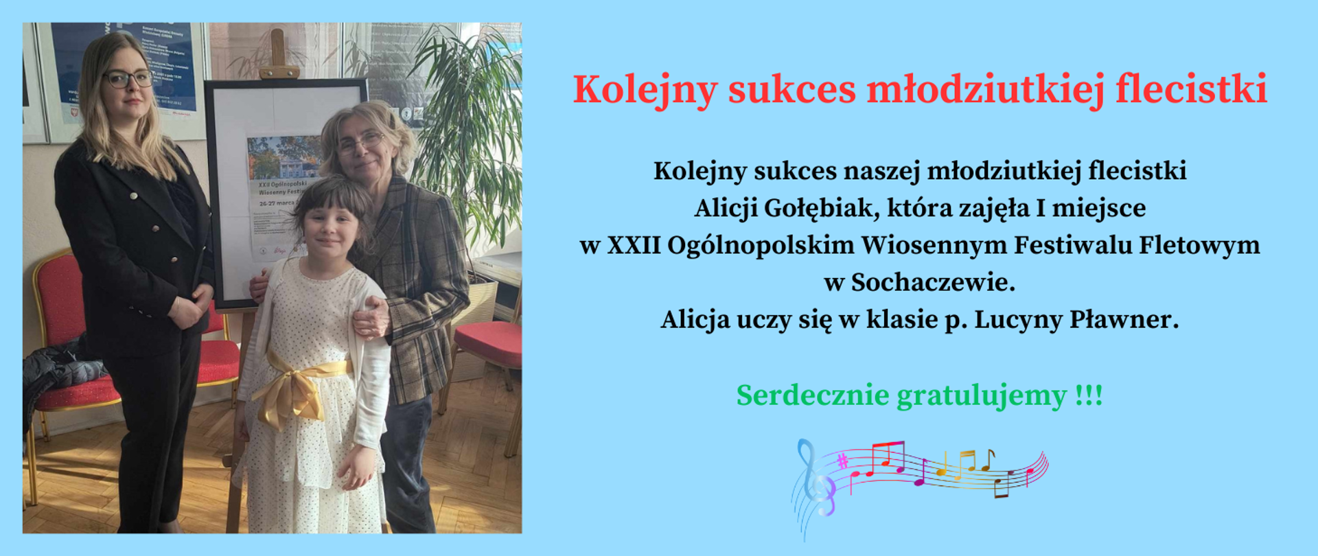 Grafika przedstawia na niebieskim tle zdjęcie uczennicy z nauczycielami z konkursu wraz z opisem o sukcesie.