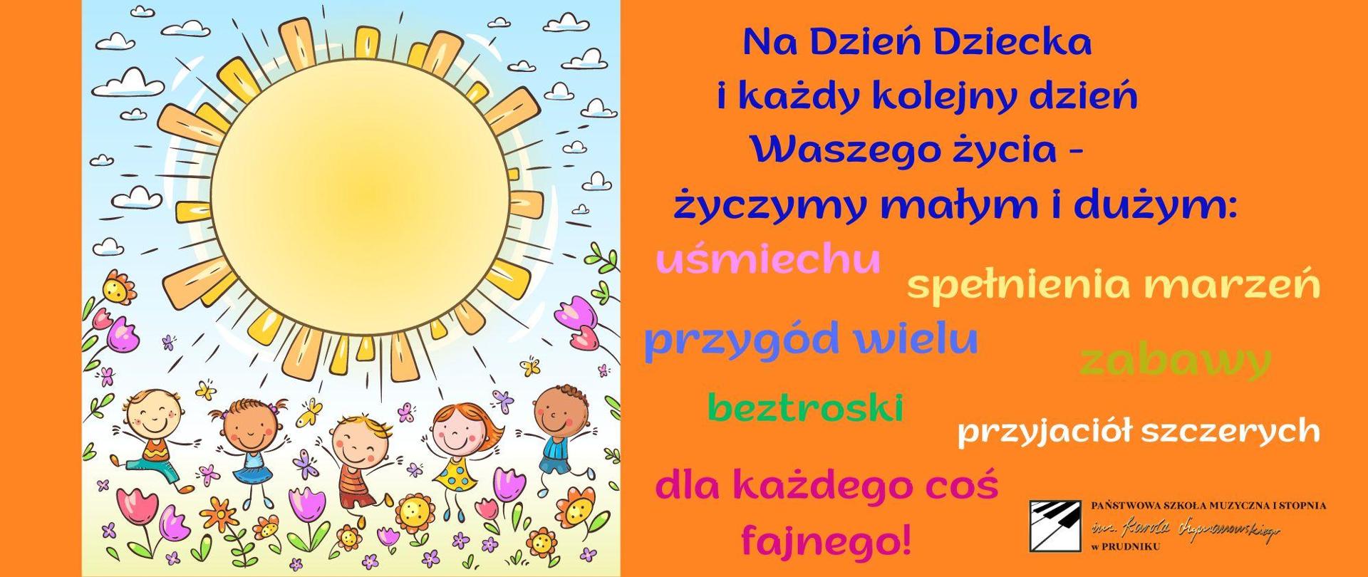 Baner z życzeniami na Dzień Dziecka. Po lewej stronie kolorowy obrazek z dziećmi nad którymi jest ogromne słonce.