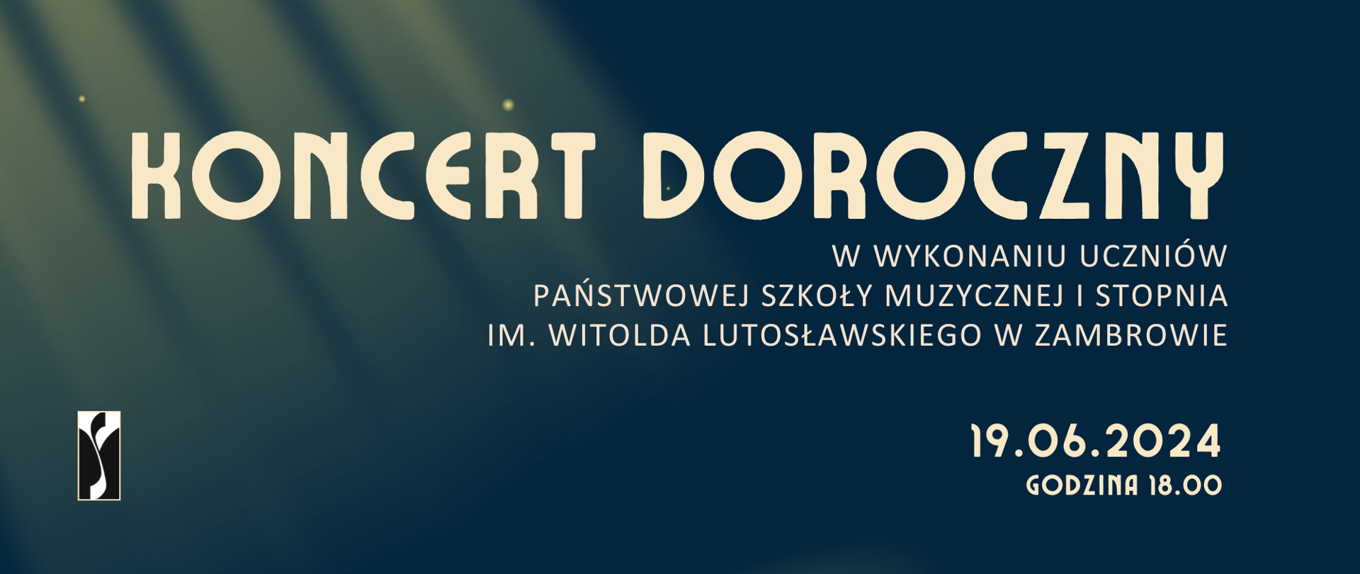Na granatowym tle poziomego plakatu białą drukowaną czcionką umieszczone są informacja o koncercie. Od góry napis dużą czcionką - nazwa koncertu i informacja o wykonawcach. W prawym dolnym rogu godzina i data wydarzenia, po lewej stronie umieszczone jest logo organizatora.