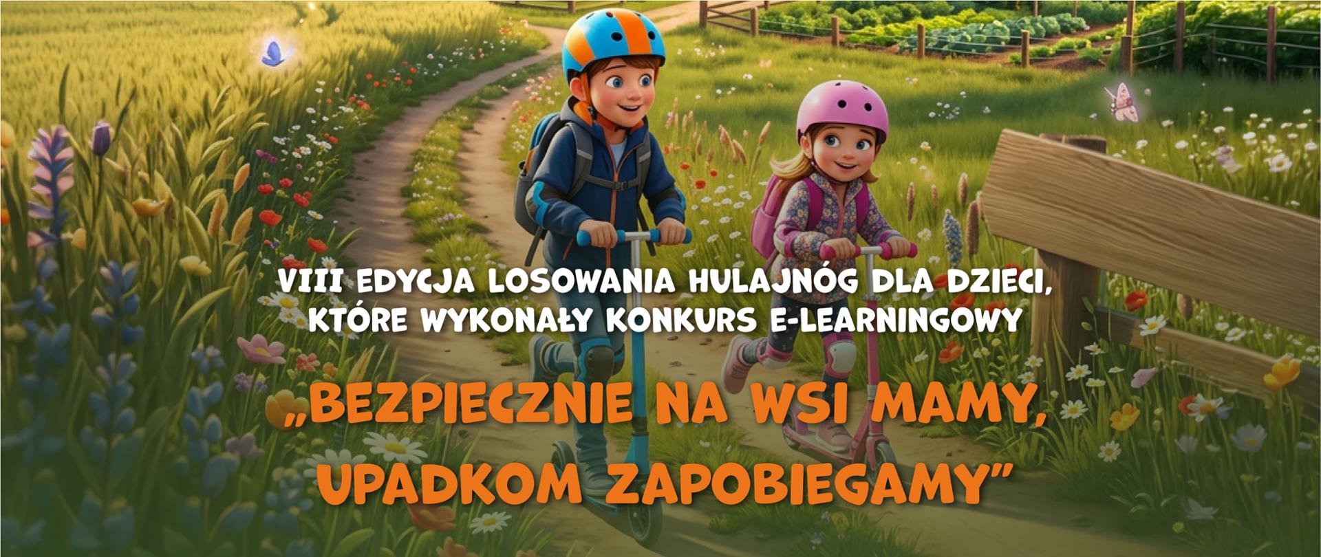 dwoje dzieci na rowerkach na ścieżce przez łąkę