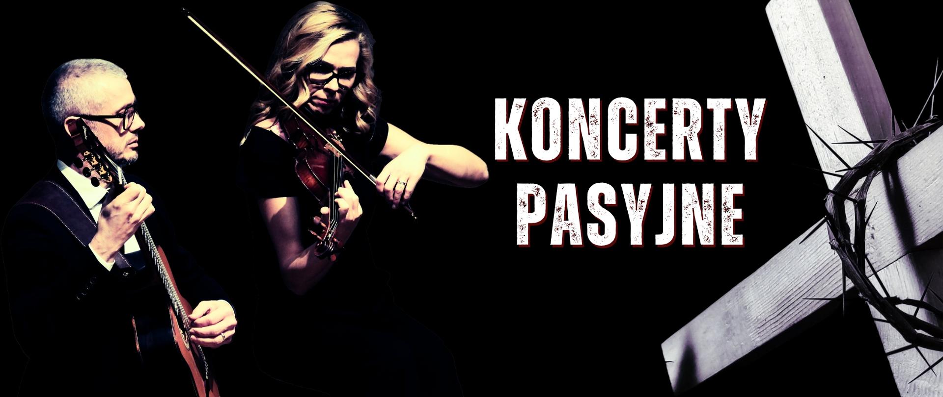 gitarzysta i skrzypaczka z instrumentami, na czarnym tle, napisy w kolorze białym z elementami krzyża i korony cierniowej