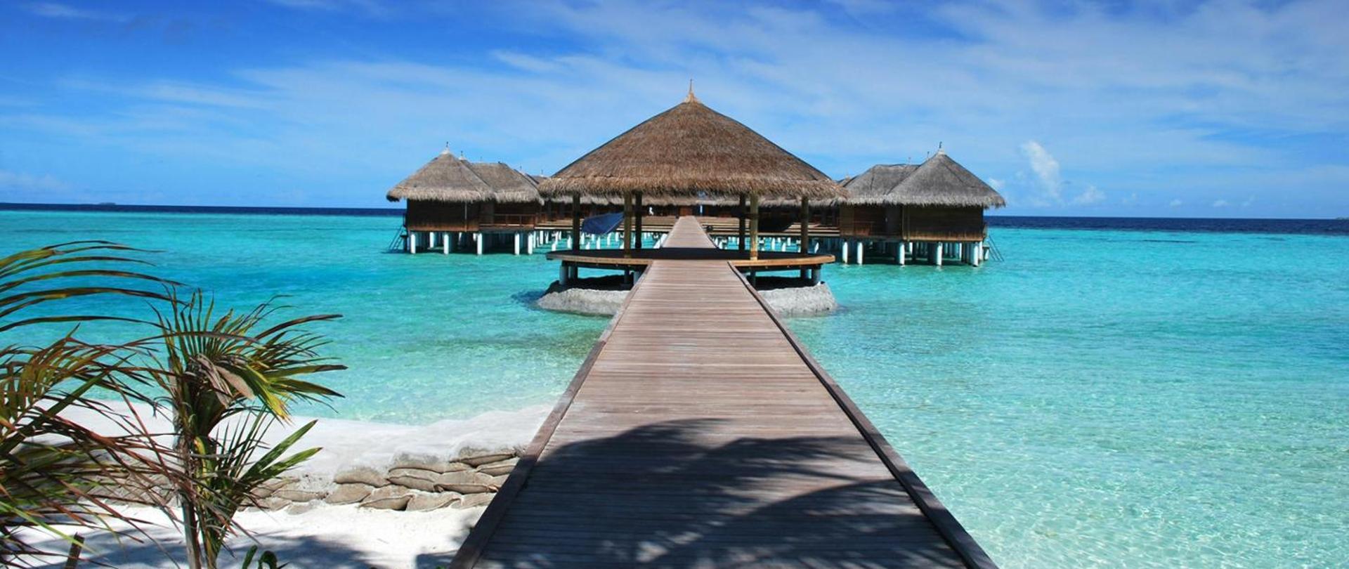 Po lewej stronie zielone palmy na piaszczystej plaży. Po środku drewniany pomost prowadzący do drewnianego domku na wodzie. Za nim widać kolejne drewniane domki.
