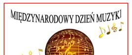 Międzynarodowy Dzień Muzyki, po środku brązowa kula nut, po bokach w linii złote nuty. Zapraszamy na koncert w wykonaniu Nauczycieli Zespołu Szkół Muzycznych im. St. Moniuszki w Wałbrzychu. 3 października 2022r. godz. 17:00 Aula Szkoły ul. Moniuszki 41