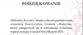 Zdjęcie podziękowań, złożonych przez Bibliotekę Publiczną w Oławie nauczycielom, uczniom i rodzicom Szkoły Muzycznej w Oławie, którzy zaangażowali się w uświetnienie Nocy Muzeów 2023.