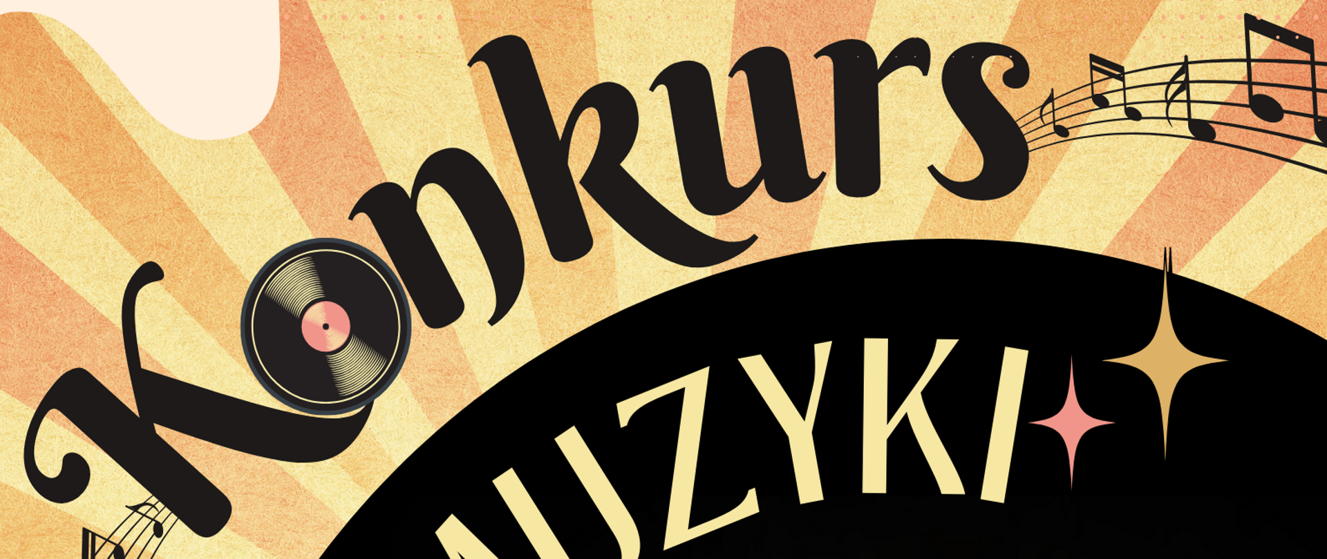 Grafika przedstawiająca w prawym dolnym roku - dużą, czarną płytę winylową, a od niej, w tle odchodzące złociste promienie. W lewym dolnym rogu - obok płyty winylowej - znajduje się graficzne przedstawienie zbioru instrumentów - trąbki, gitary, wiolonczeli i perkusji oraz przedstawienia kasety magnetofonowej. Nad płytą winylową znajduje się napis: "Konkurs", natomiast na bazie okręgu, w płycie winylowej, następujące napisy: "muzyki rozrywkowej, 12 maja 2025, godz. 17.00, aula szkoły, zgłoszenia do 7 maja".
