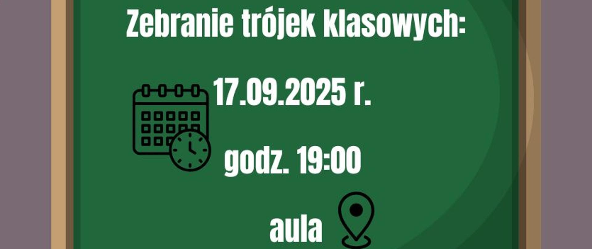 na fioletowym tle rysunek trójki roześmianych uczniów oraz zielona tablica z białym napisem informującym o zebraniu.. W prawym dolnym rogu biały napis "Samorząd uczniowski". W lewym górnym rogu - czarne logo szkoły.
