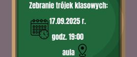 na fioletowym tle zielona tablica z białym napisem informującym o zebraniu.