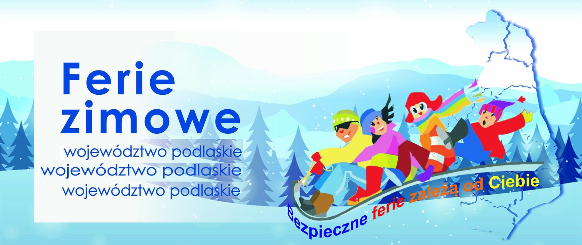 Grafika komiksowa dotycząca ferii zimowych woj. podlaskie