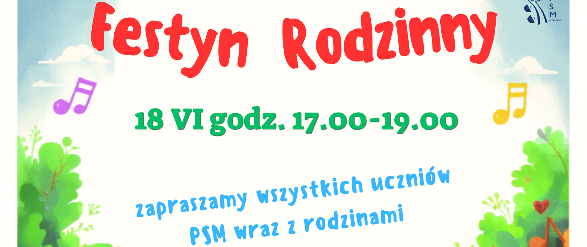 Główną część grafiki zajmuje radosna, kolorowa, ilustrowana scena plenerowej zabawy w parku. Ludzie w różnym wieku, ubrani letnio, siedzą na kocach, piknikują, rozmawiają i bawią się. W tle widać małą, udekorowaną girlandami scenę z muzykiem grającym na gitarze i innymi wykonawcami. Teren ozdobiony jest kolorowymi girlandami z chorągiewek i balonami w kształcie serc. Pomiędzy drzewami latają nutki.
U góry plakatu znajduje się duży, czerwony napis: "Festyn Rodzinny". Poniżej, zielonym tekstem, podano datę: "18 VI godz. 17.00-19.00". Dalej niebieski napis zaprasza: "zapraszamy wszystkich uczniów PSM wraz z rodzinami". Poniżej fioletowy tekst dodaje: "Czeka na Was mnóstwo atrakcji!!!". W prawym górnym rogu umieszczono logo z napisem "PSM w Kutnie".