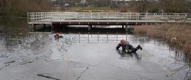 Po prawej stronie strażak w czarnym ubraniu wypornościowym czołga się po lodzie w kierunku poszkodowanego w przeręblu. Strażak zabezpieczony żółtą linką, osoba odgrywająca poszkodowanego zabezpieczona linką pomarańczową. 