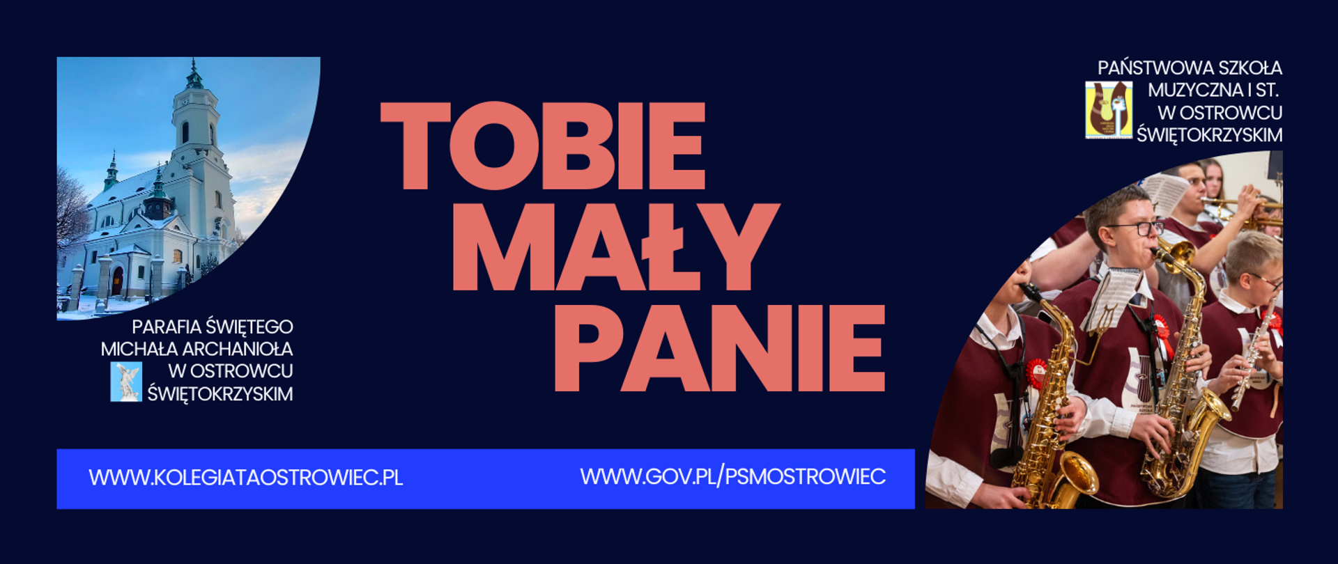 zdjęcie przedstawia fragment kolegiaty świętego Michała oraz orkiestry z napisami w kolorze białym i czerwonym na niebieskim i granatowym tle, z logo szkoły i z logo parafii w prawym górnym rogu