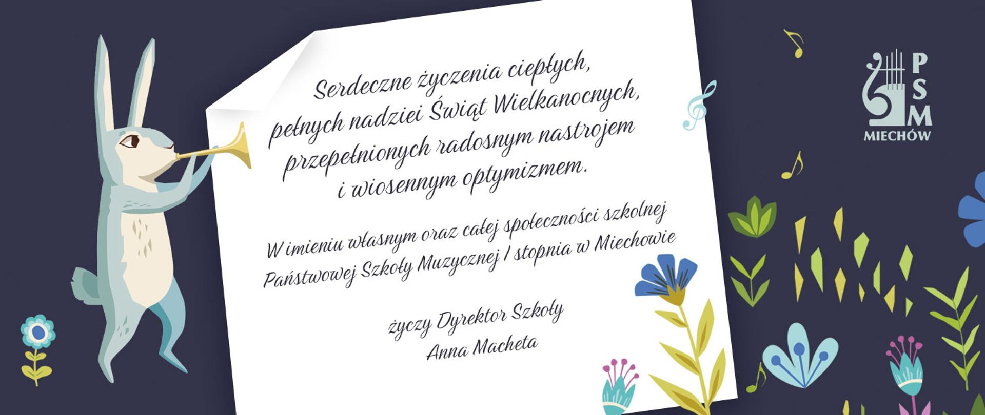 Kartka z życzeniami świątecznymi na granatowym tle z ikonografią świąt wielkanocnych