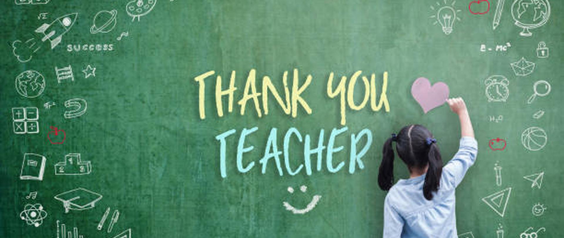 Dziękujemy Nauczyciel pozdrowienia dla koncepcji Światowego Dnia Nauczyciela z widokiem z tyłu ucznia szkolnego rysunek z edukacji edukacyjnej graficznej odręcznej ilustracji ikona na zielonej tablicy