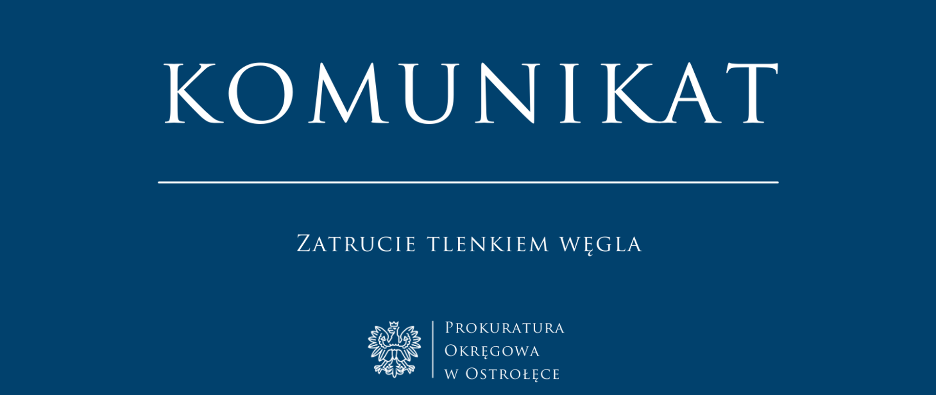 Biały napis Komunikat ZATRUCIE TLENKIEM WĘGLA na niebieskim tle.