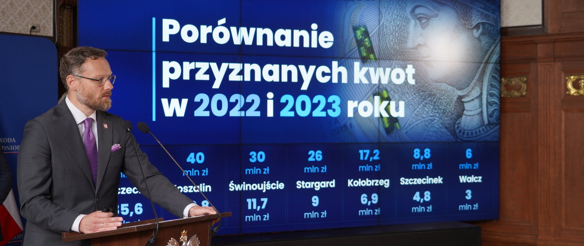 wojewoda Zbigniew Bogucki na tle informacji o przyznanych kwotach subwencji wyrównawczej 