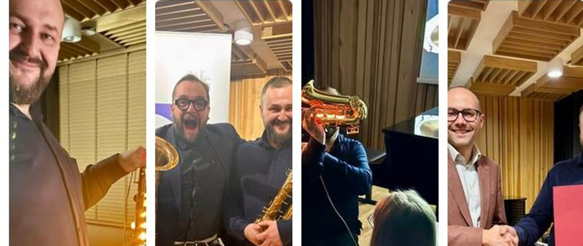 kolaż przedstawia nauczycieli wraz z prowadzącym, saksofon