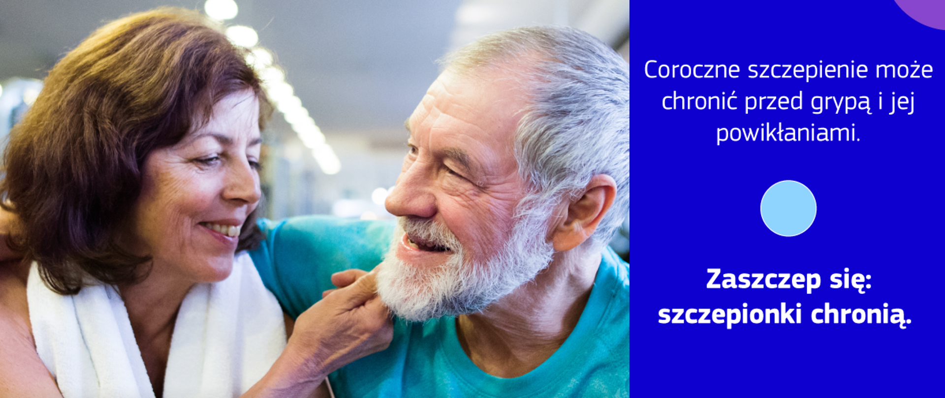 Na grafice po lewej stronie znajduje się zdjęcie kobiety i mężczyzny, na którym znajduje się napis: #UnitedInProtection. Po ich prawej stronie widnieje napis: Coroczne szczepienie może chronić przed grypą i jej powikłaniami. Zaszczep się: szczepionki chronią. Poniżej znajduje się logo Komisji Europejskiej. Tło jest granatowe.