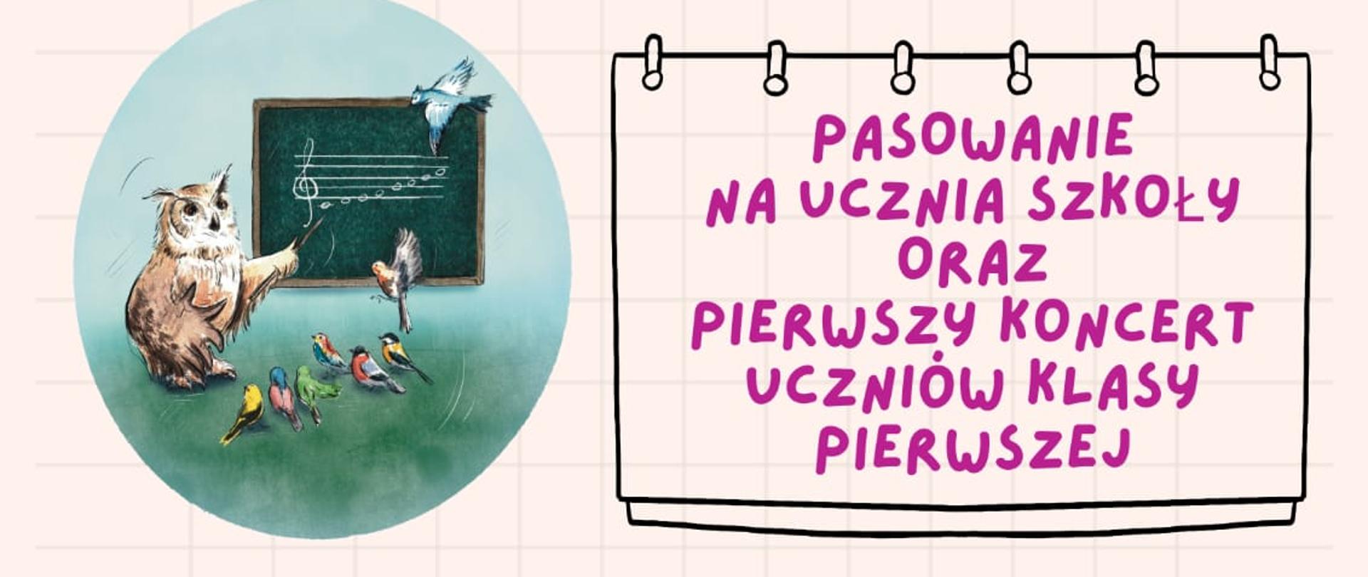 Na białem tle z lewej strony zielone kółko a w środku kółka rysunek sowy stojacej przy tablicy szkolnej. Obok kółka informacja " pasowanie na ucznia szkoły 20.01.2026 r. Godzina 16:00 dla cyklu sześcioletniego i czteroletniego".