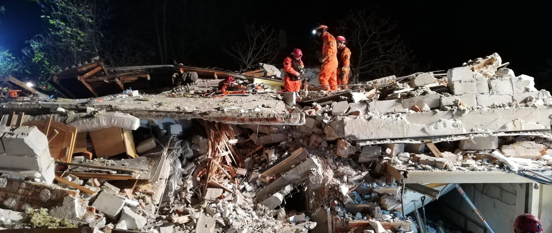 Na zdjęciu widać czterech strażaków oraz psa poszukiwawczego na gruzowisku po wybuchu gazu w domu jednorodzinnym