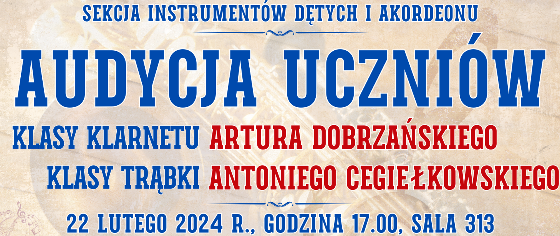 jasne kolorowe tło z widocznymi instrumentami dętymi oraz informacja o wydarzeniu