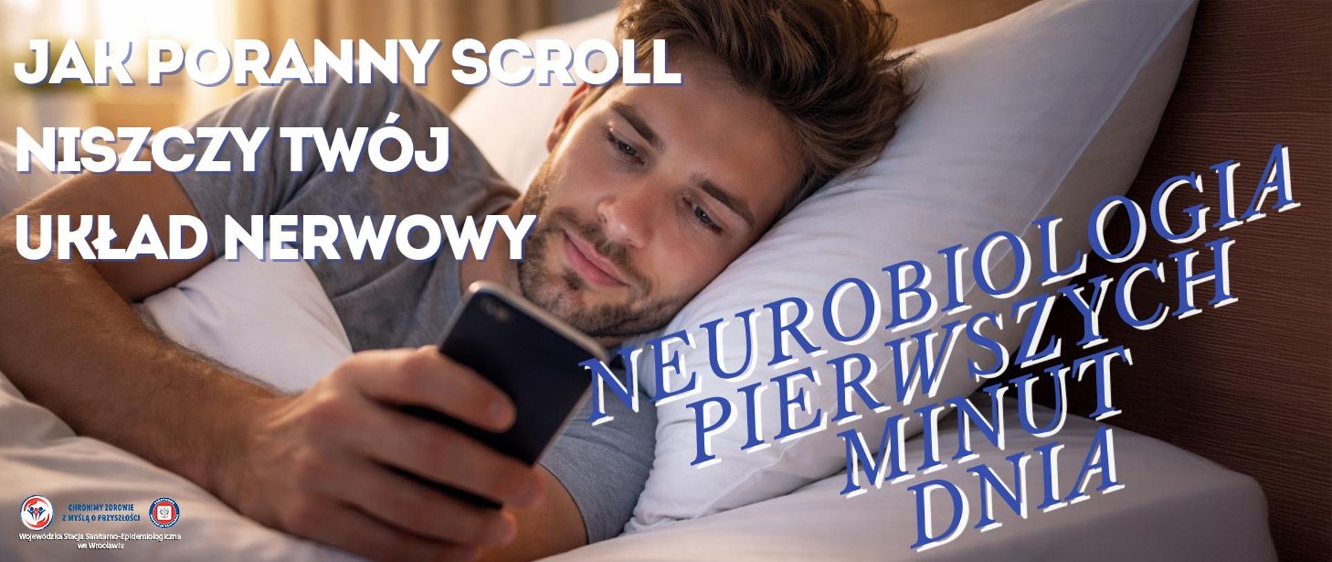 Osoba leżąca w łóżku, poranne światło wpadające przez okno, twarz oświetlona ekranem smartfona.