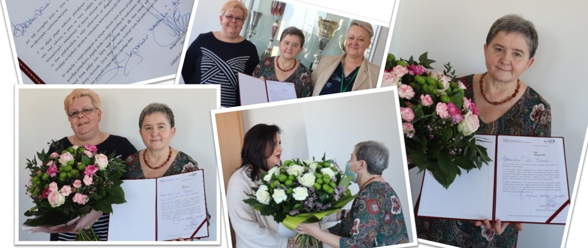 Kolaż zdjęć z uroczystości pożegnania emerytki Bożeny Janik, kierownik śląskiego Zespołu Terenowego w Częstochowie. Pierwsze zdjęcie od góry przedstawia list gratulacyjny podpisany przez Panią Dyrektor Małgorzatę Zdrodowską. Na zdjęciu poniżej Pani Bożena Janik z Panią Katarzyną Wróblewską Zastępcą Naczelnika Wydziału Ustalania Świadczeń ZER MSWiA. Na zdjęciu pośrodku znajduje się Pani Bożena Janik w obecności Pani Katarzyny Wróblewskiej oraz Pani Moniki Miecznikowskiej - Naczelnik Wydziału Obsługi Klienta. Kolejne zdjęcie przedstawia Panią Bożenę Janik wręczającą bukiet kwiatów Pani Dyrektor Małgorzacie Zdrodowskiej. Na ostatnim zdjęciu wzruszona Pani Bożena Janik z dumą prezentuje list gratulacyjny.