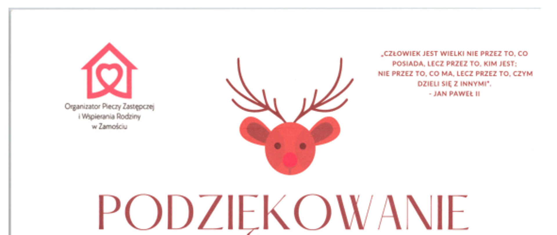 Plakat, na białym tle czerwone i czarne napisy, grafika jelenia