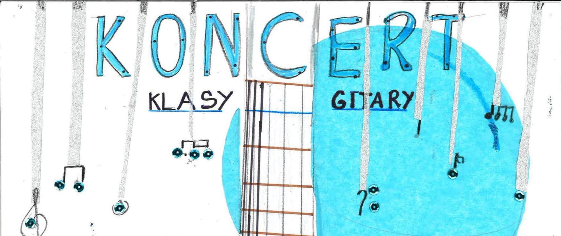 plakat- rysunek gitary obok informacje wtorek godz. 18.00, 29 listopada 2022 sala koncertowa, zapraszamy , tło białe z trzema niebieskimi kulami, tło ozdabiają w dolnych rogach pięciolinia z nutkami.