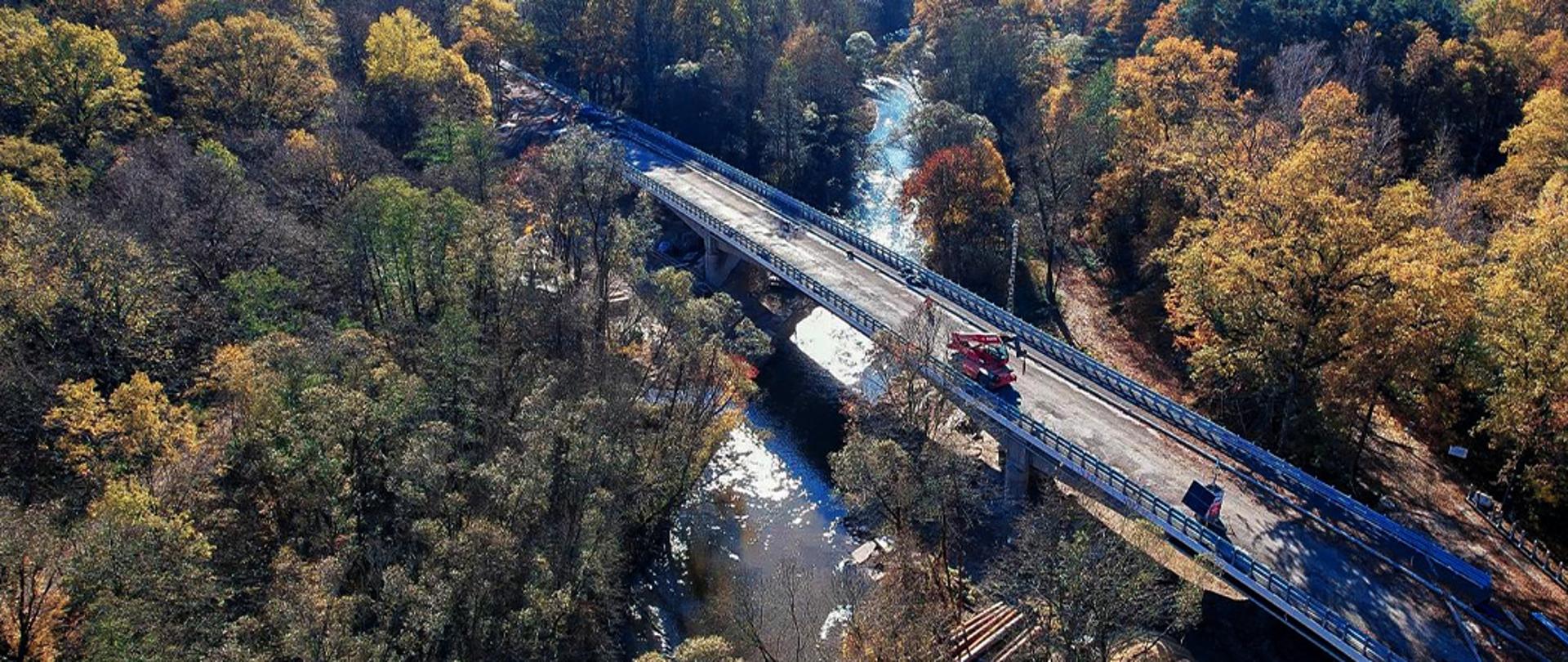 Na zdjęciu widać most z lotu ptaka. Dokoła rośnie gęsty las liściasty.