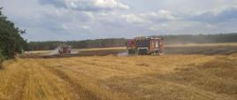 Na zdjęciu palące się zboże oraz ściernisko. Widać dym i nadpalone zboże. Na miejscu działań pracują zastępy straży pożarnej.
