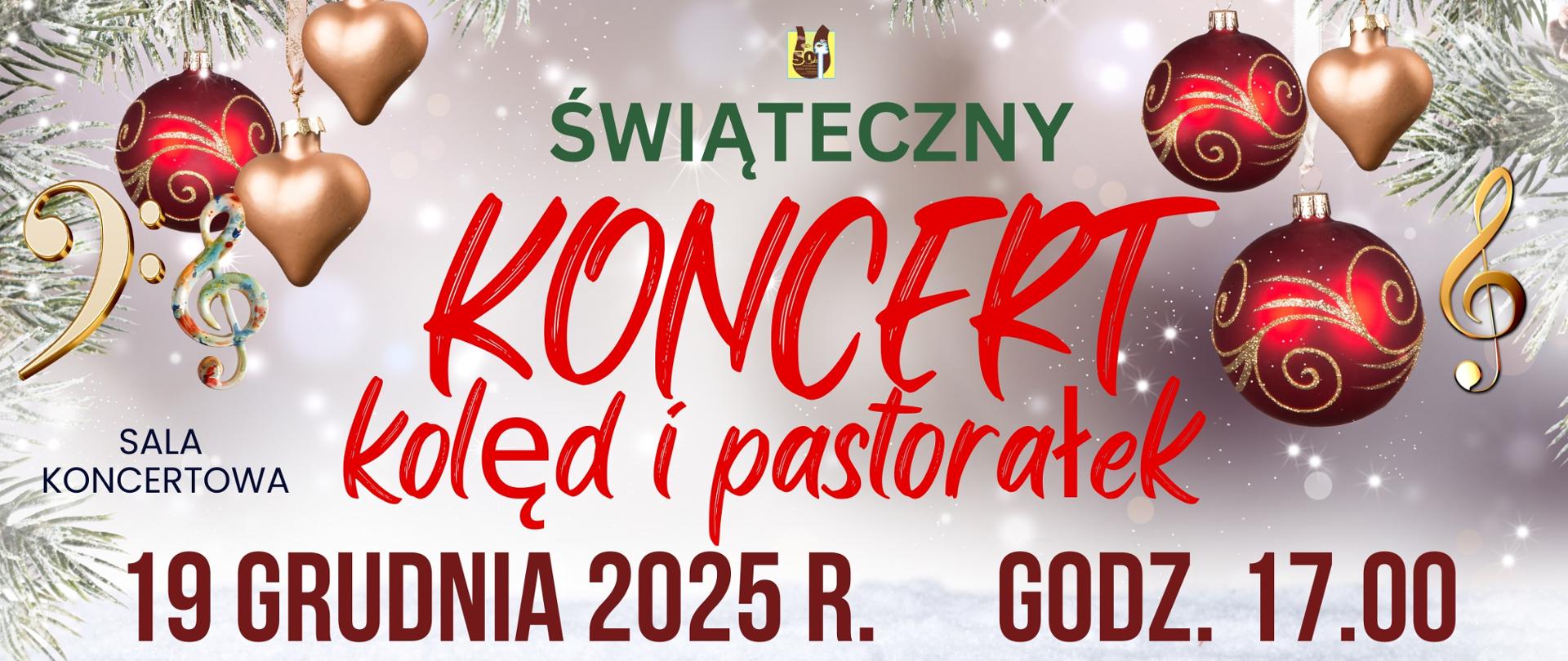 wiszące bombki, klucz wiolinowy i basowy na choince na jasnym tle z czerwono-zielonymi literami informującymi o koncercie, z logo szkoły po środku
