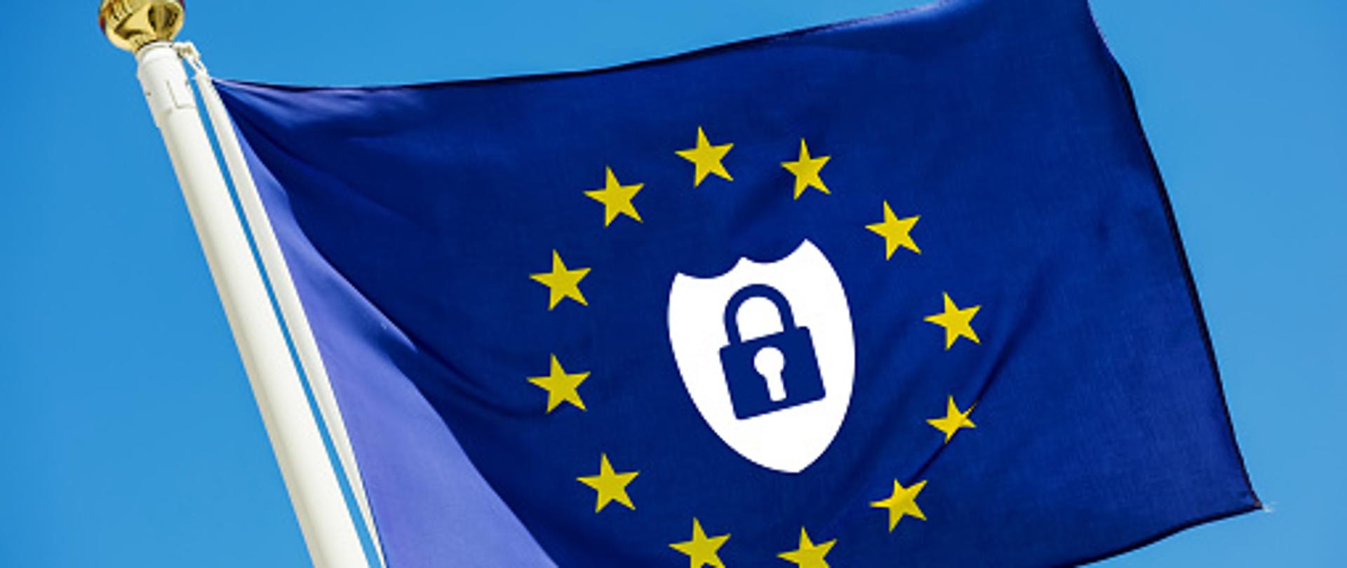 Flaga Unii Europejskiej na błękitnym tle z kłódką bezpieczeństwa w środku