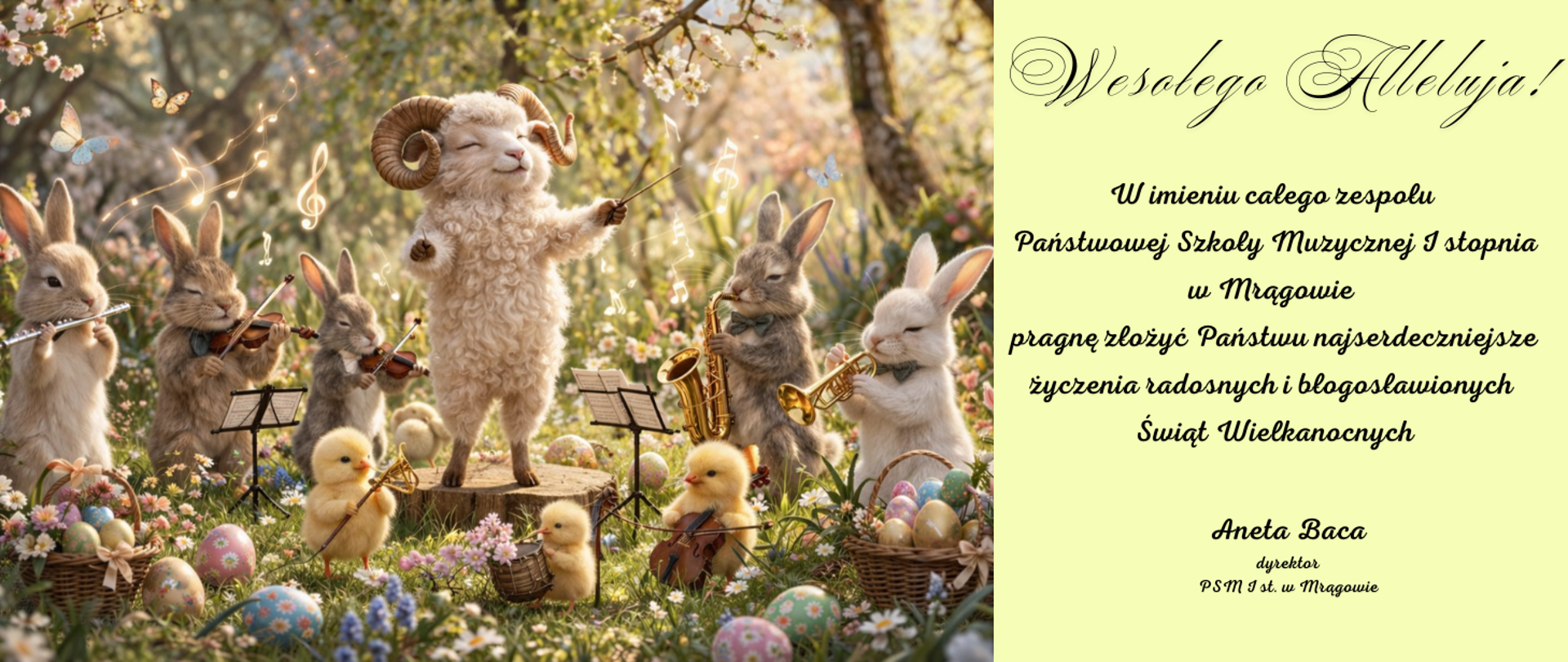 Życzenia wielkanocne dyrektora szkoły wraz z dołączonym obrazkiem orkiestry symfonicznej zwierząt pod dyrygenturą baranka wielkanocnego
