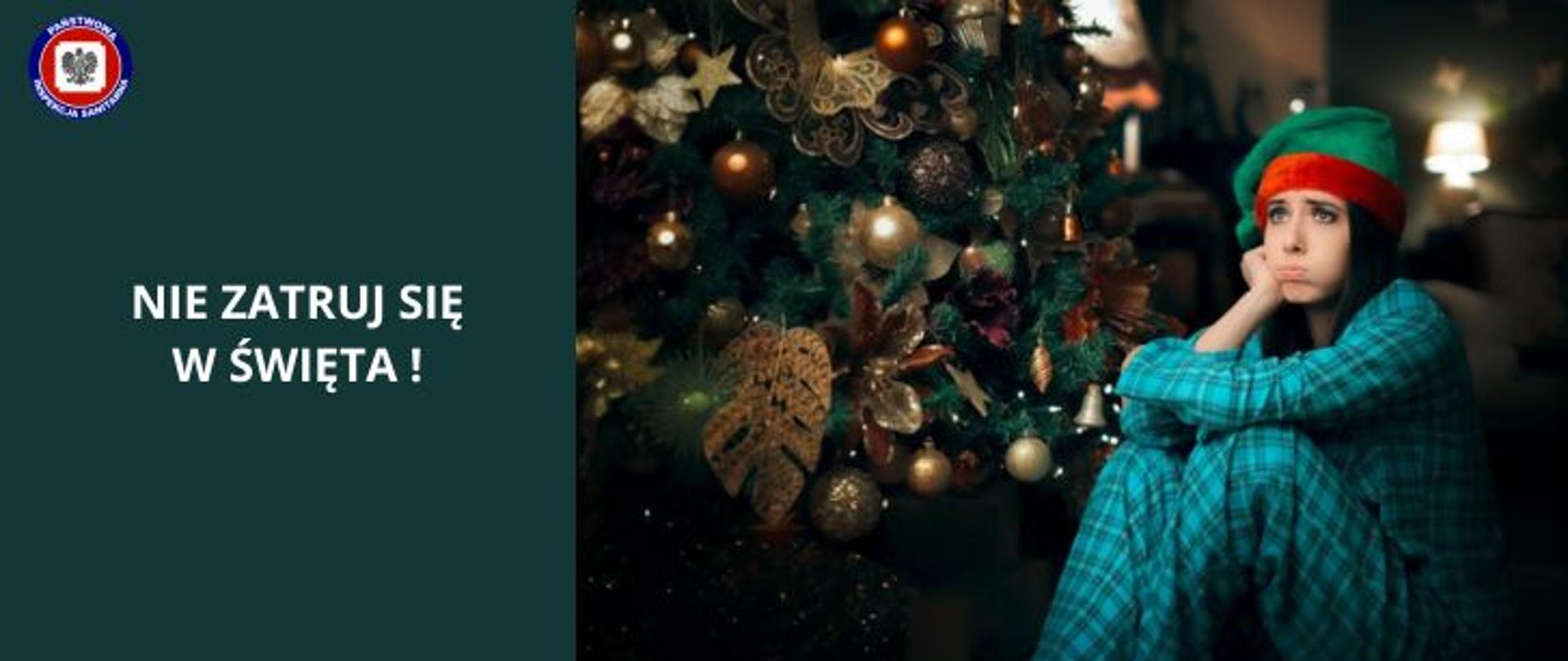 Grafika w ciemno zielonym kolorze, po prawej w ciemnym salonie młoda dziewczyna w piżamie i w czapce elfa siedzi przy bogato zdobionej choince, źle się czuje, po lewej jasny napis Nie zatruj się na święta! a w lewym górnym rogu logo Państwowej Inspekcji Sanitarnej.