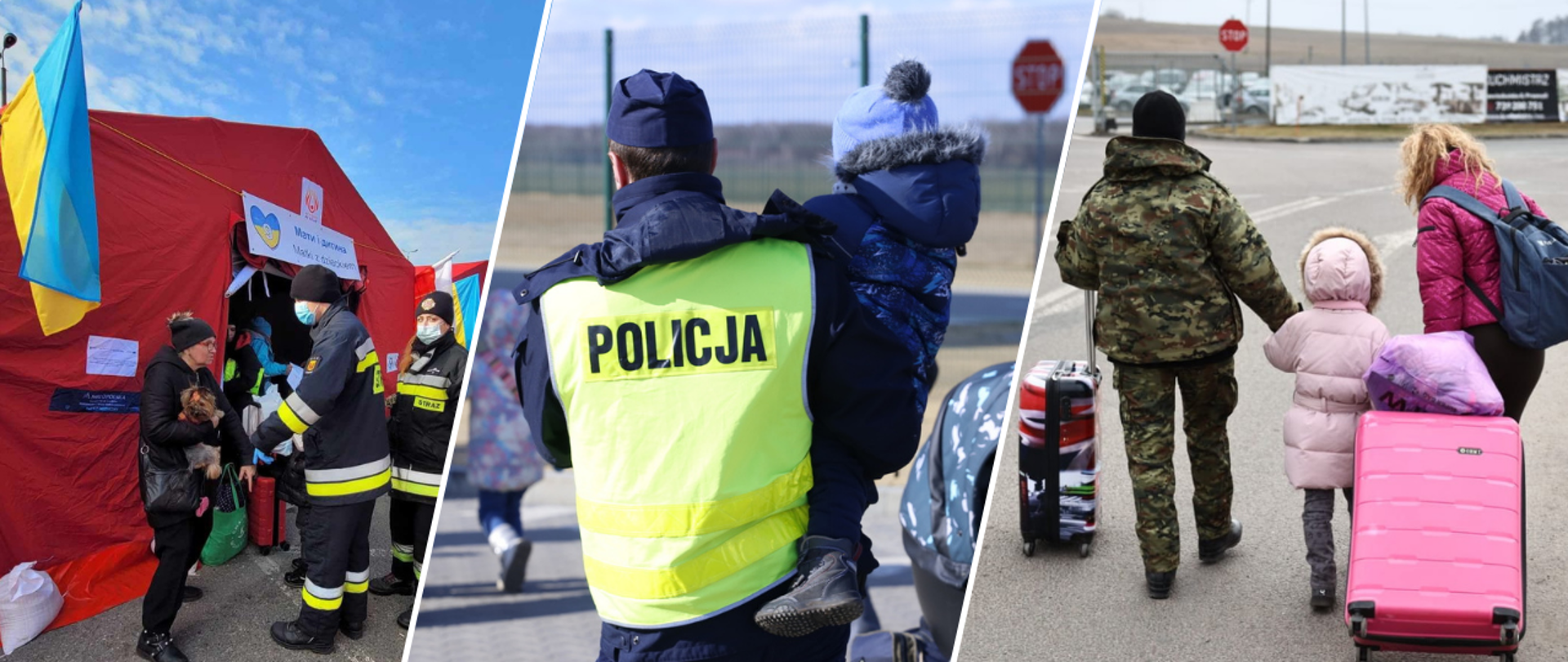 Collage showing firefighters, a policeman and a border guard helping refugees from Ukraine.