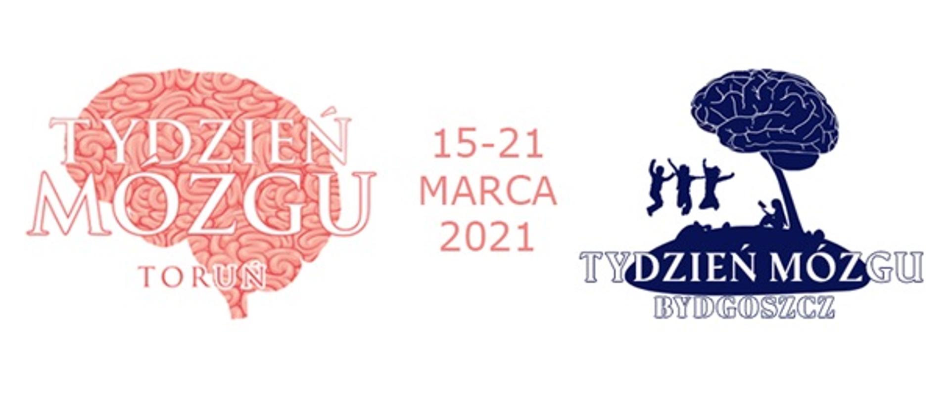 Grafik mózgu z tekstem 15-21 marca 2021 Tydzień Mózgu Toruń i Bydgoszcz