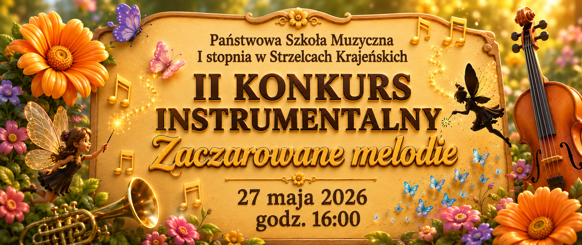 Baner promujący II Konkurs Instrumentalny „Zaczarowane melodie” organizowany przez Państwową Szkołę Muzyczną I stopnia w Strzelcach Krajeńskich. Na złoto-pomarańczowym, bajkowym tle widoczne są kwiaty, nuty, skrzypce, motyle i wróżki otoczone magicznymi świetlnymi efektami 3D. Centralnie umieszczono napis: „II Konkurs Instrumentalny – Zaczarowane melodie”, a poniżej datę wydarzenia: 27 maja 2026, godz. 16:00.