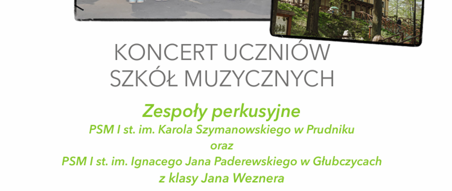 Plakat z informacją o koncercie. Na białym tle kolorowe napisy z informacja o koncercie. W centralnej części zdjęcie przedstawiające grupę uczniów z nauczycielami.