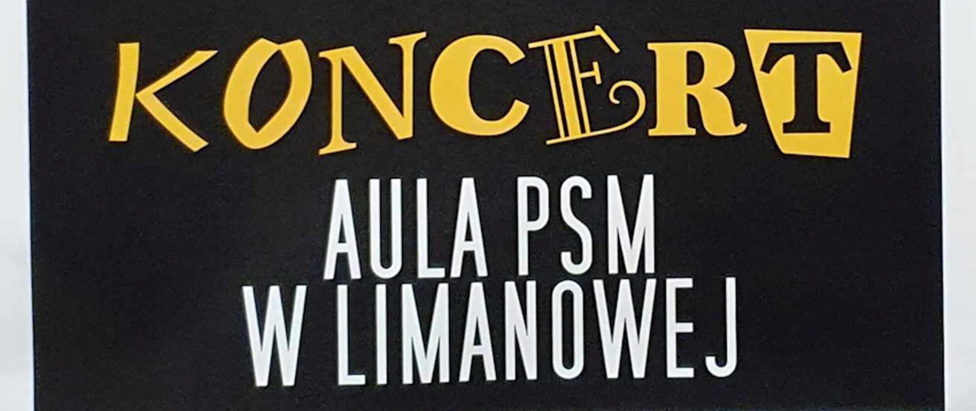 Plakat, kolorowa grafika przedstawiająca sylwetki grających muzyków na czarnym tle tekst koncert jazz band 9 luty 2024 o godzinie 18.30 w auli Państwowej szkoły muzycznej w Limanowej