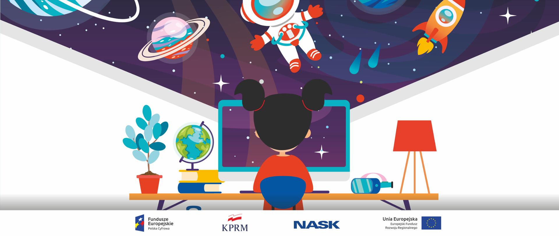 Kolorowa grafika wektorowa, ujęcie od tyłu - dziewczyna siedząca za biurkiem, przed komputerem, nad nią rozgwieżdżone niebo, na którym widać m.in. planety, kosmonautę i rakietę.