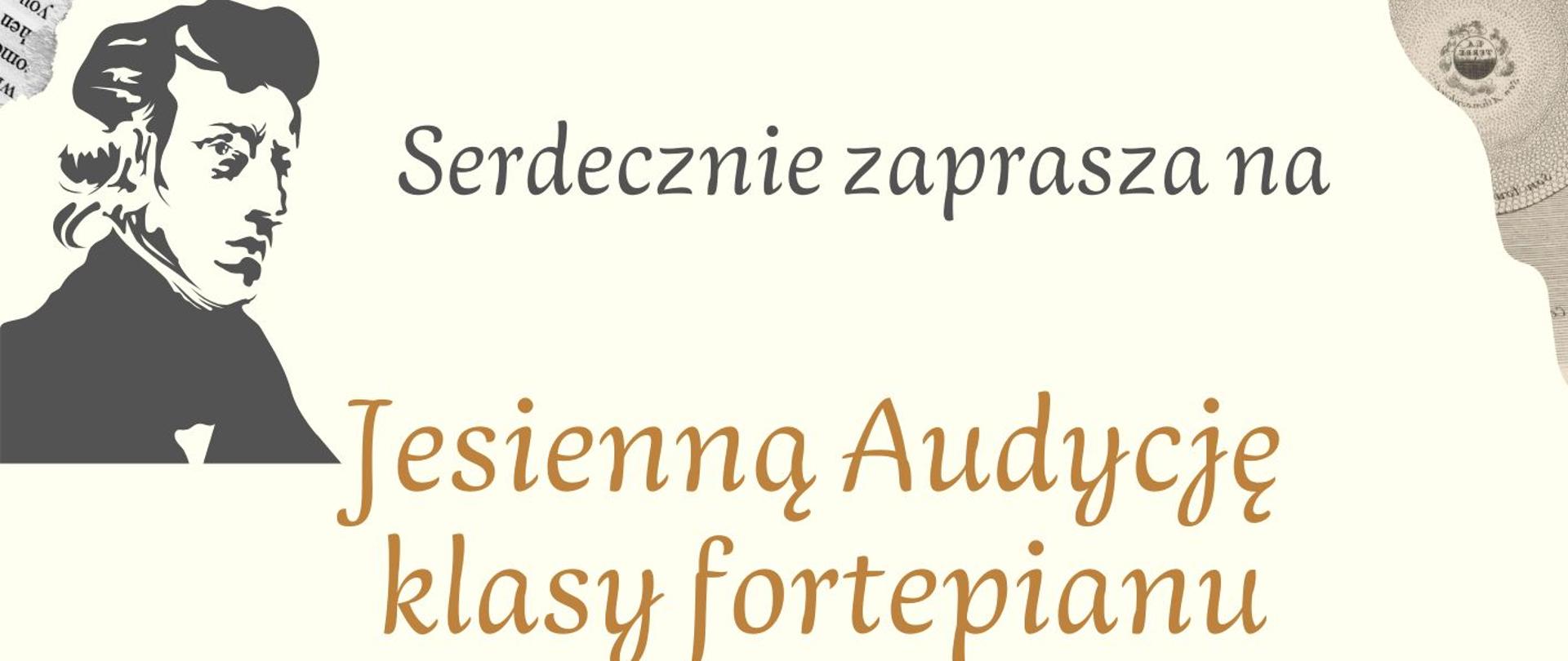 Plakat przedstawia portret Chopina i jego fortepian oraz informacje o audycji Pana Zaręby, która się odbędzie 5 listopada br. o godzinie 17:00