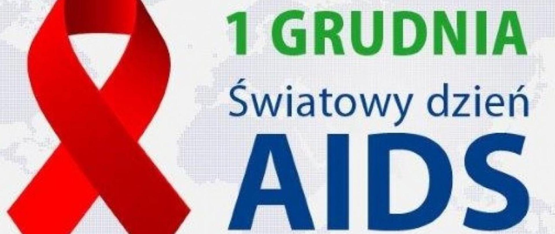 Czerwona wstążka i kolorowy napis 1 grudnia światowy dzień aids