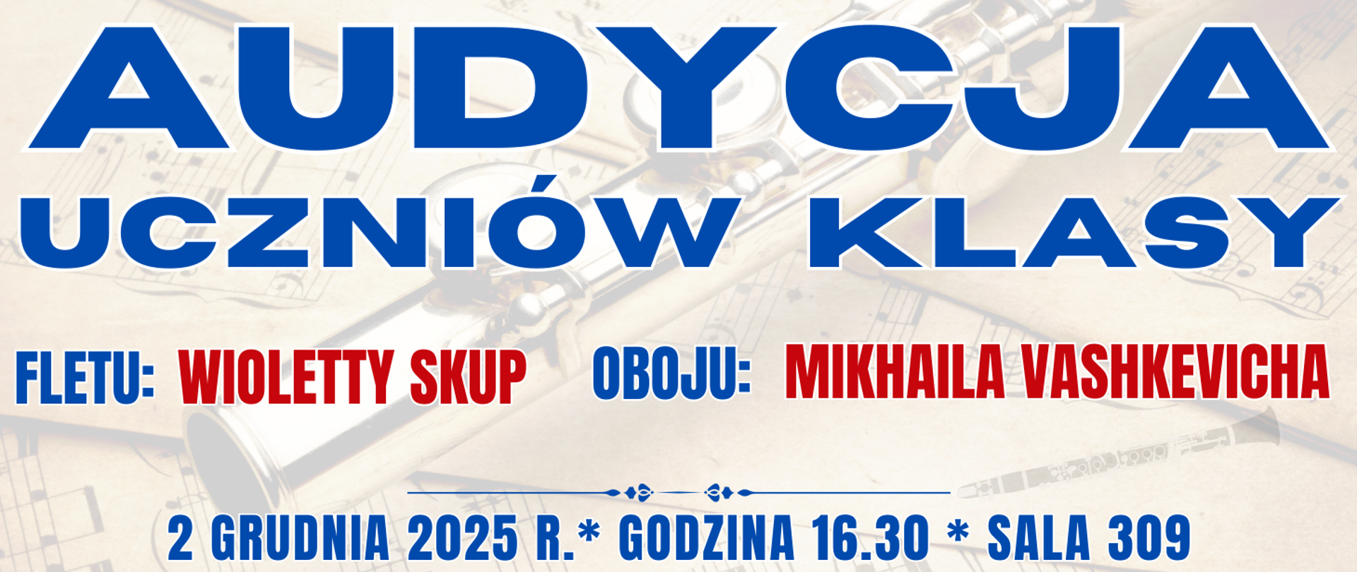 baner w tle półprzezroczysty flet poprzeczny leżący na nutach oraz informacja o wydarzeniu