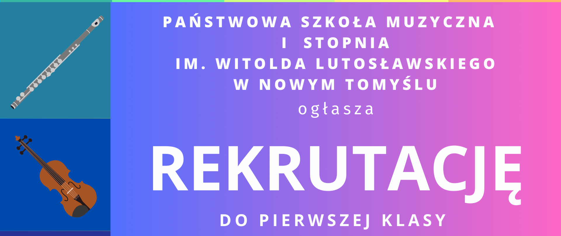 Plakat w wielu kolorach. W górnej jego części oraz z jego lewej strony, znajdują się kwadraty, a w nich pojedynczo przedstawione zostały grafiki z instrumentami, na których dzieci mogą pobierać naukę w PSM w Nowym Tomyślu. Pośrodku na gradientowym granatowo-różowym tle znajduje się biały napis informujący o ogłoszeniu rekrutacji do klasy pierwszej na rok szkolny 2025/2026. Poniżej znajduje się fioletowo-zielony prostokąt a w nim wymienione zostały instrumenty, na których dzieci mogą się uczyć grać. Pod tą informacją znajduje się prostokąt w kolorze niebiesko-zielonym, w którym wpisane zostały terminy, godziny oraz miejsce przesłuchań wstępnych. W dolnej części plakatu znajduje się niebiesko-żółty prostokąt a w nim wpisano numer telefonu oraz możliwość znalezienia szczegółowych informacji na stronie internetowej szkoły. Z lewej strony na samym dole plakatu znajduje się prostokątne logo szkoły.