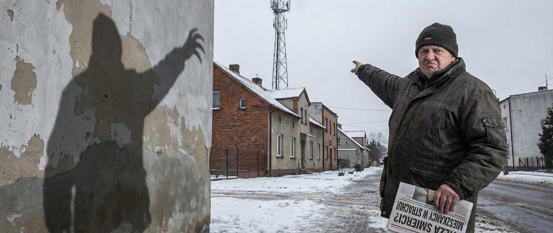 Starszy mężczyzna w zimowej kurtce stoi na zaśnieżonej ulicy między niskimi domami i wskazuje ręką na metalową wieżę telekomunikacyjną w tle. W drugiej ręce trzyma gazetę. Na ścianie budynku obok widoczny jest jego cień.