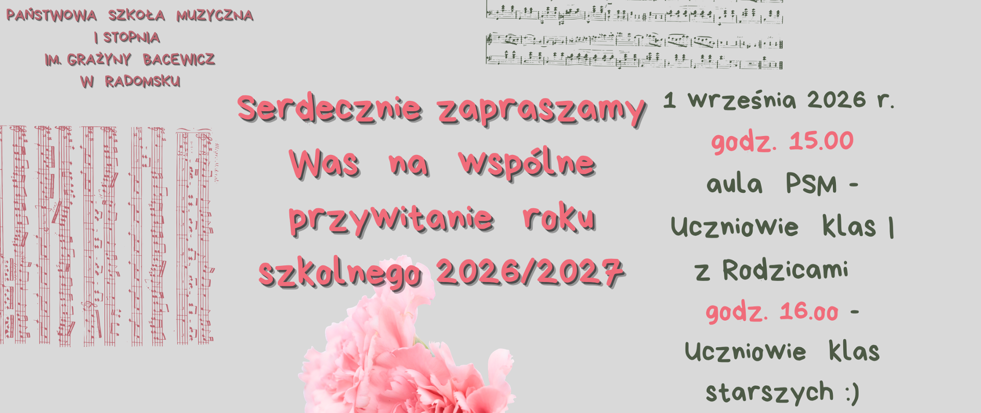 Na szarym tle znajdują się różowe napisy w kolorze różowym i ciemnozielonym, grafiki tekstu nutowego w kolorze szarym i różowym, grafika róży w kolorze jasnoróżowym.