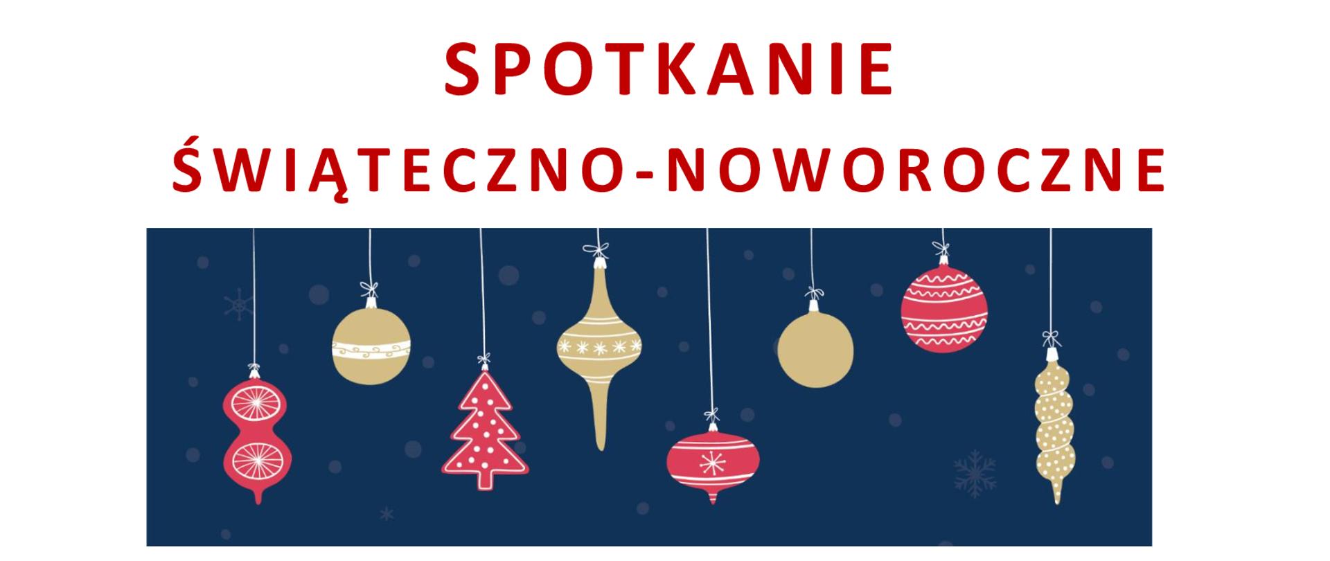 Plakat u góry niebieski napis Nauczyciele przedmiotów teoretycznych, Rada Rodziców i Samorząd Uczniowski zapraszają na, na środku poniżej spotkanie świąteczno-noworoczne na czerwono, poniżej na niebiesko W programie oraz w punktach quiz kolędowy, wspólne śpiewanie utworów świątecznych, słodki poczęstunek, na dole na czerwono SZKOLNA AULA 4 stycznia 2023 środa godzina 16.00