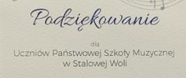 Podziękowania dla uczniów Państwowej Szkoły Muzycznej w Stalowej Woli za oprawę muzyczną koncertu „Ciszą spleciony”, który odbył się w Centrum Wikliniarstwa w Rudniku nad Sanem. Dokument zawiera wyrazy uznania, życzenia dalszych sukcesów oraz inspiracji. Podpisany przez Dyrektora Miejskiego Ośrodka Kultury oraz Burmistrza Gminy i Miasta Rudnik nad Sanem. Data: 12 października 2025 roku. U góry znajduje się dekoracyjny motyw nutowy, a na dole ilustracja pióra.